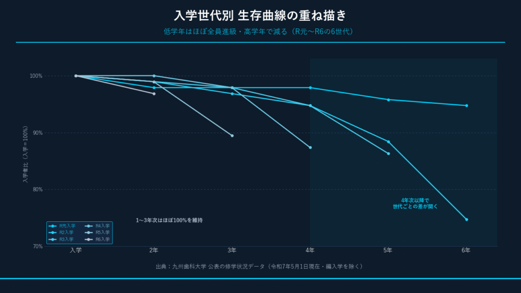 令和元年度から令和6年度までの入学世代の生存曲線を重ねたグラフ。どの世代も低学年ではほとんど減らず、高学年で徐々に減っていく